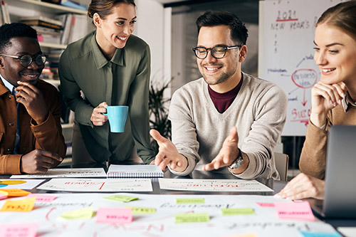 team discussing lifecycle marketing plan